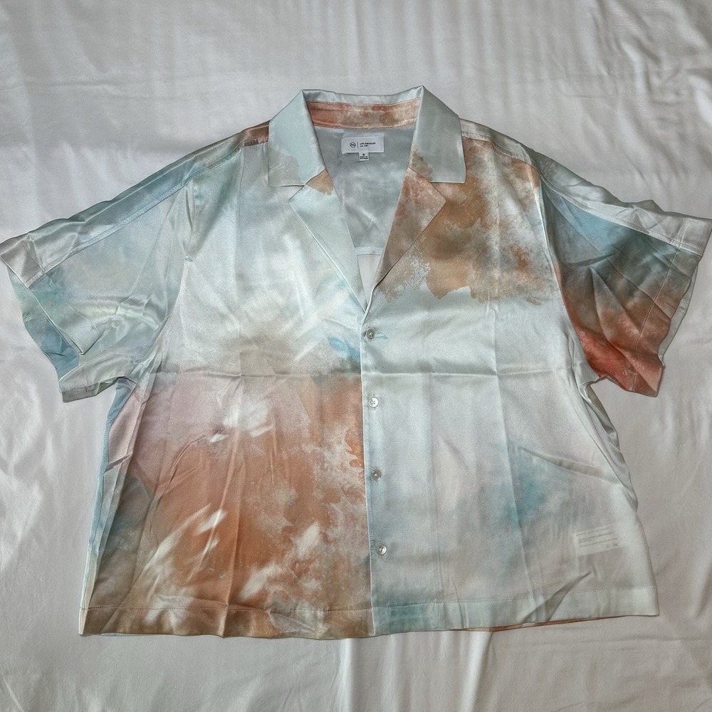 AG Adriano Goldschmied Women's S Short Sleeve Silk Camp Shirt Tye Dye Long Beach